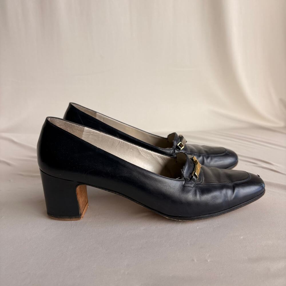 Vintage Ferragamo Navy Leather Heeled Loafers - Gold/Silver Hardware, 7.5